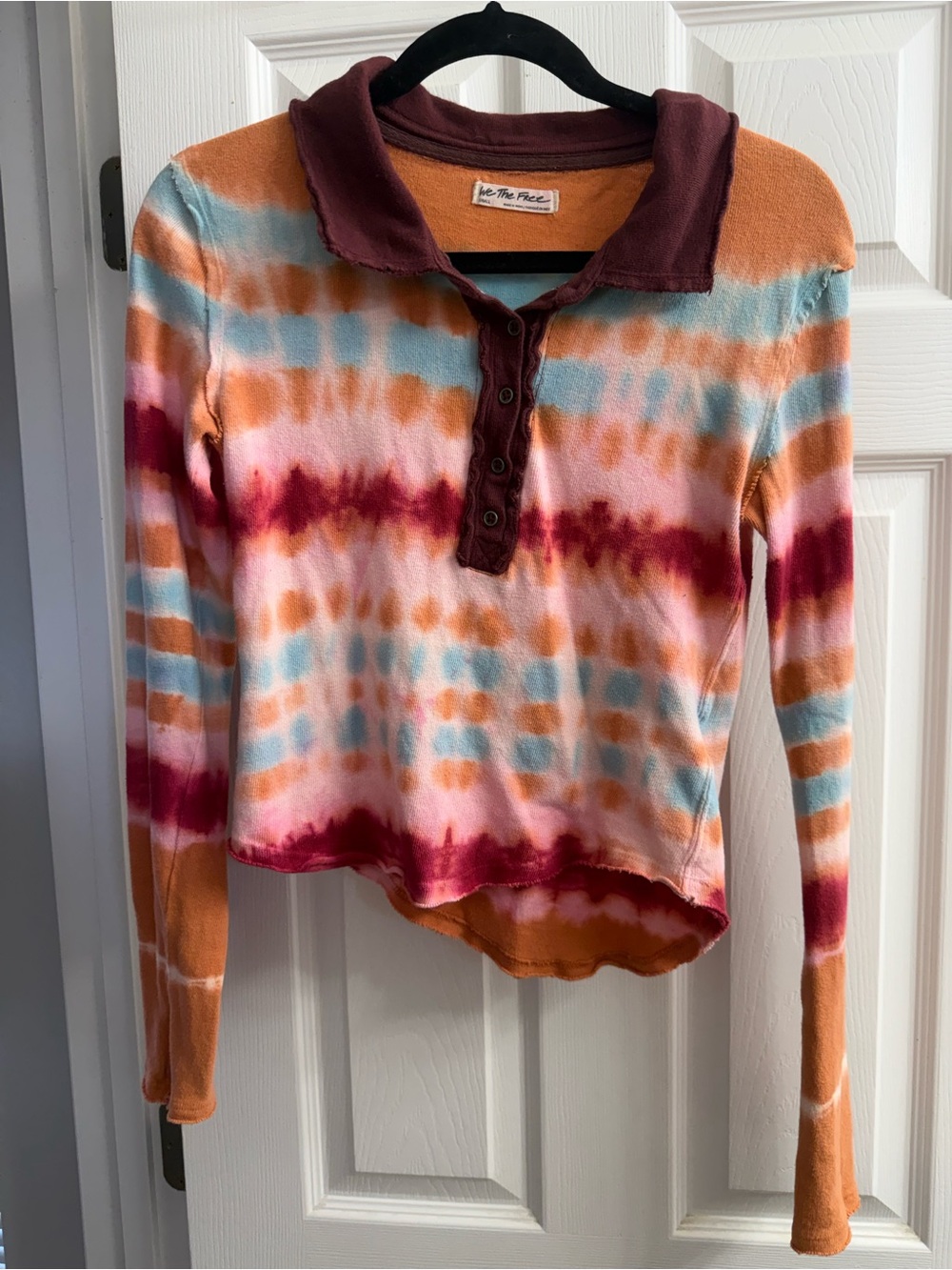 We The Free Tie-Dye Long Sleeve Polo Top - Orange, Pink, Blue, Burgundy
